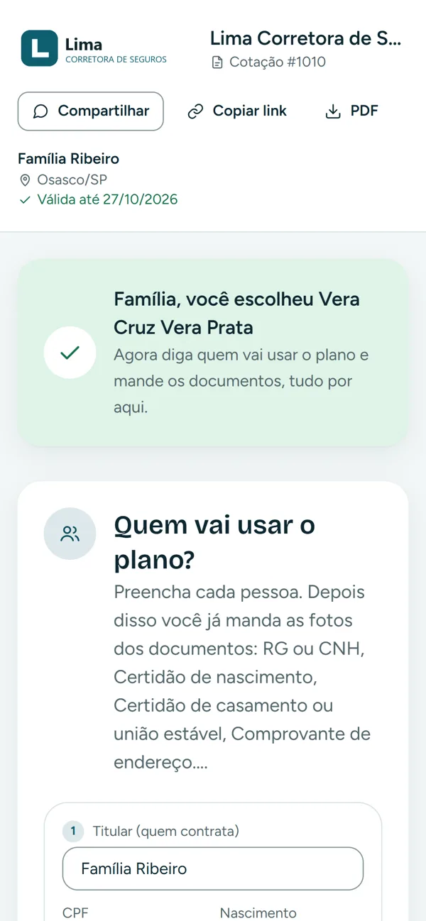 Cliente escolhendo o plano de saúde pelo link da proposta
