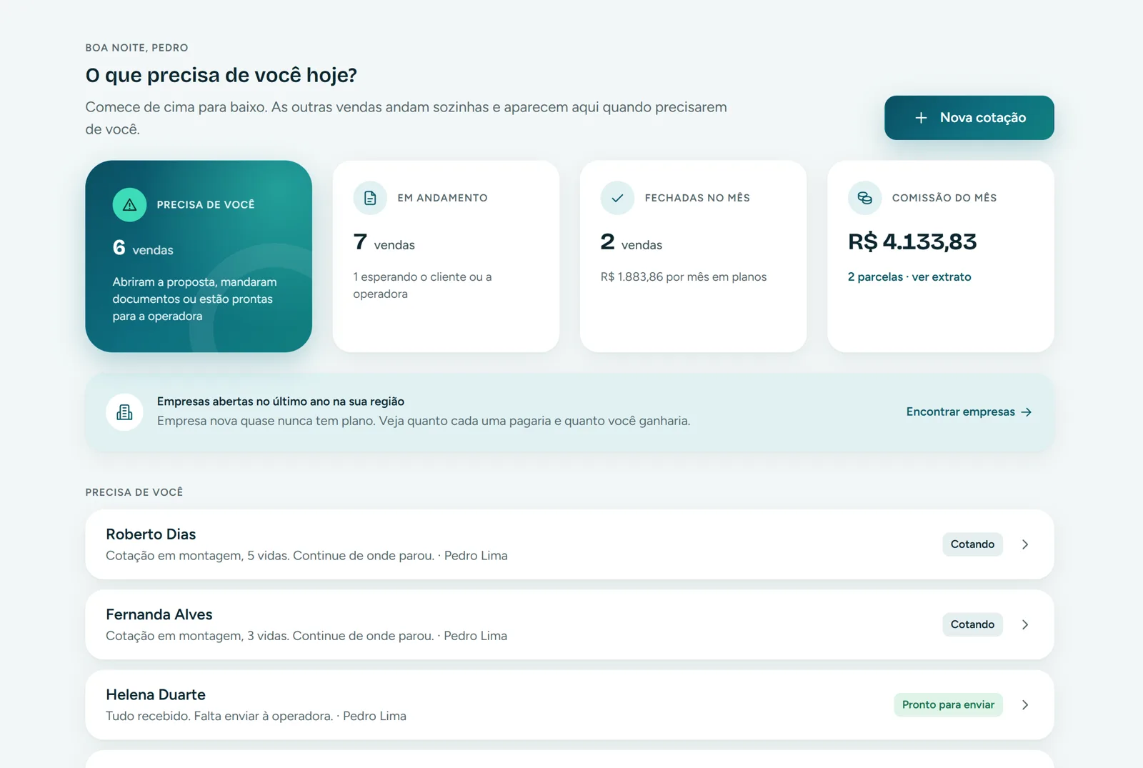 Tela inicial com as vendas que precisam de atenção